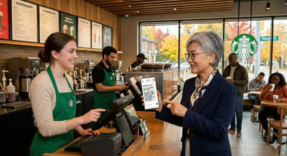 카페에서 스마트폰으로 주문을 확인하는 시니어와 바리스타