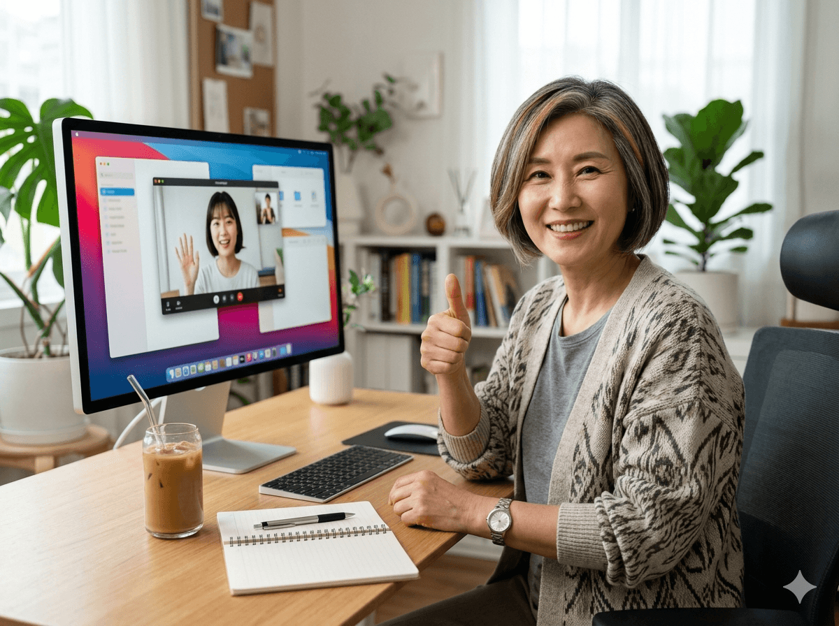 수업 전 앱 설치와 계정 설정을 도와드리는 모습